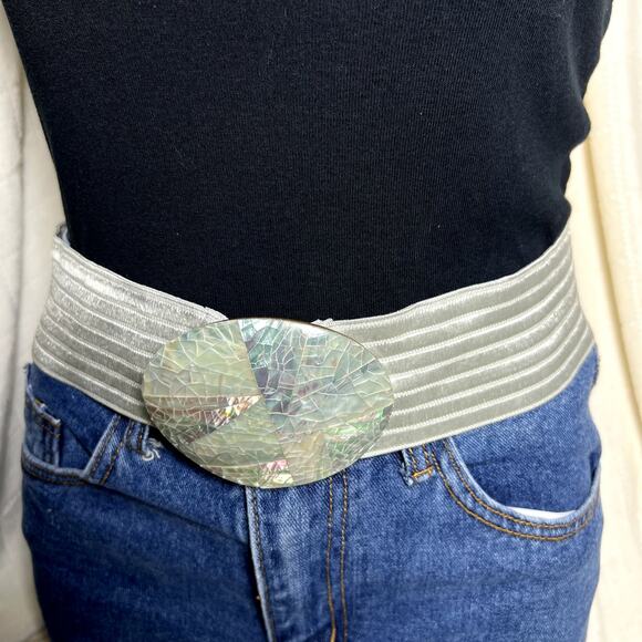 Sommai World Natural Tropical Shell Elastic Belt Women XL USA VTG Pearl Abalone - Picture 6 of 6